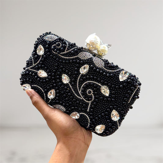 Beautiful big stone worked pearl design party clutch