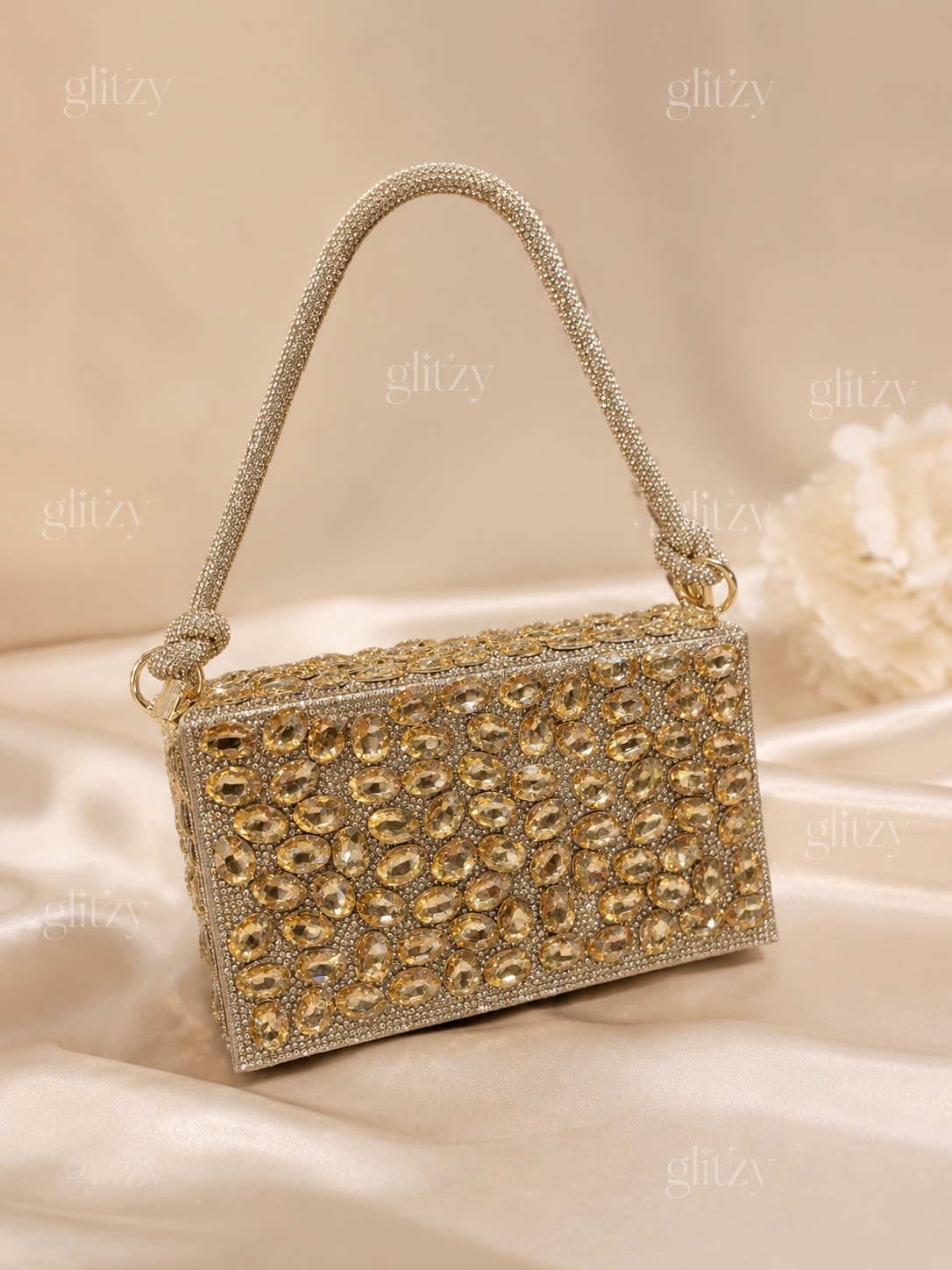 Gorgeous all over stone worked party bridal handbag | glitzy GOLDEN
