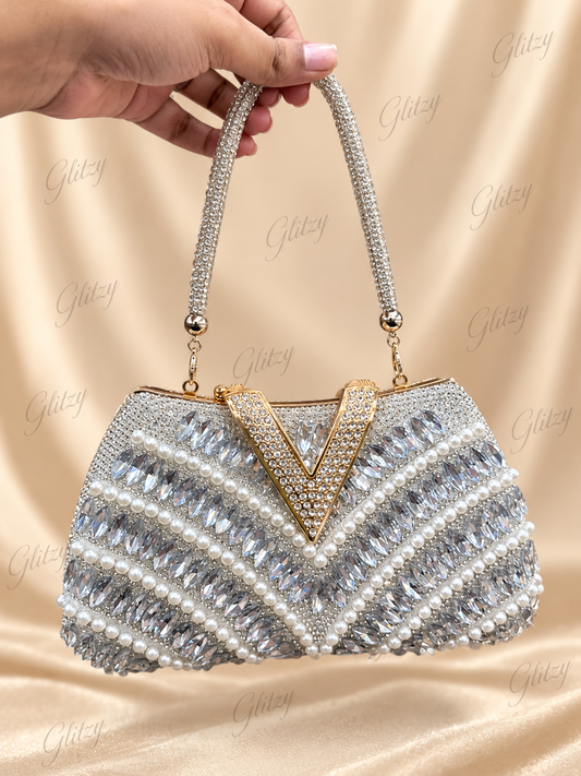 Gorgeous stone and pearl worked party evening bag| Glitzy