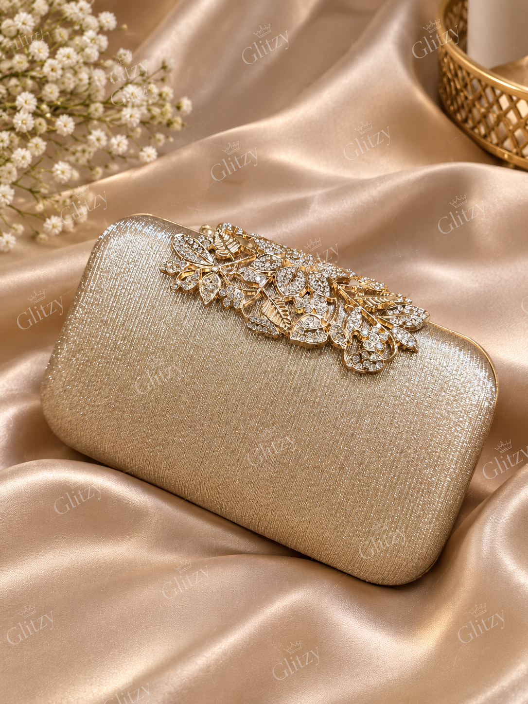 Floral lock glossy finished party evening clutch | Glitzy
