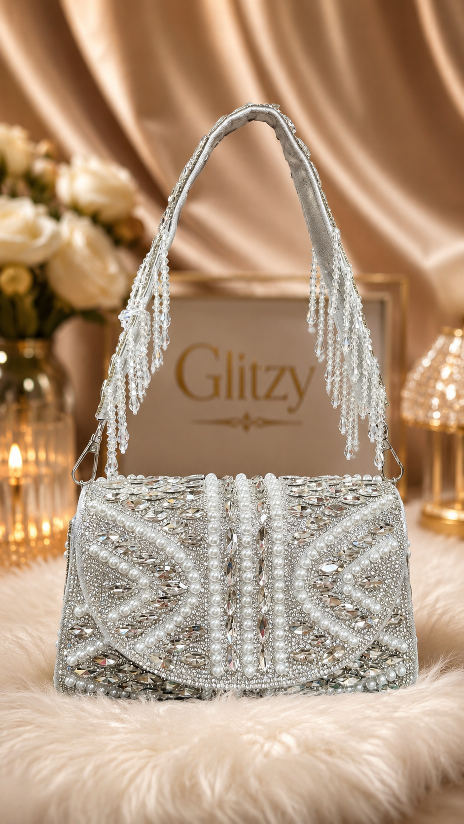 Embellished luxury Evening Bag with Crystal Tassel Strap