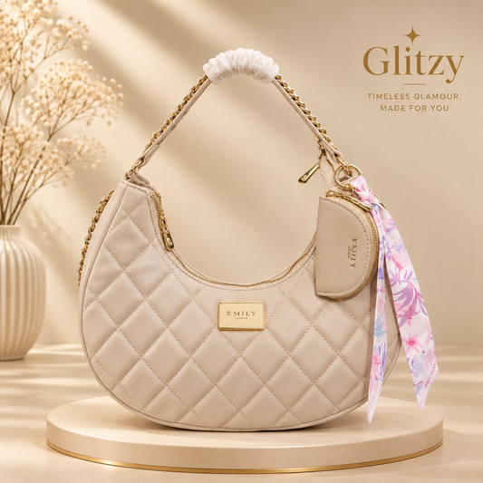 Emily Loran Quilted Crescent Hobo Shoulder Bag with Gold Chain Strap | glitzy