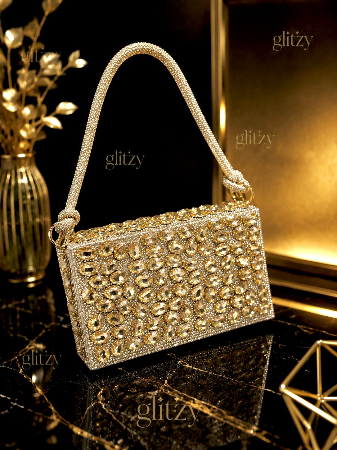 Gorgeous all over stone worked party bridal handbag | glitzy GOLDEN