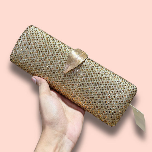 Gorgeous leaf lock design all over shiny mirror stone worked long clutch