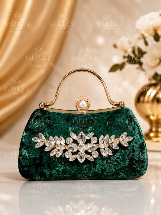 Beautiful velvet material and stone worked with handle attached party purse | Glitzy