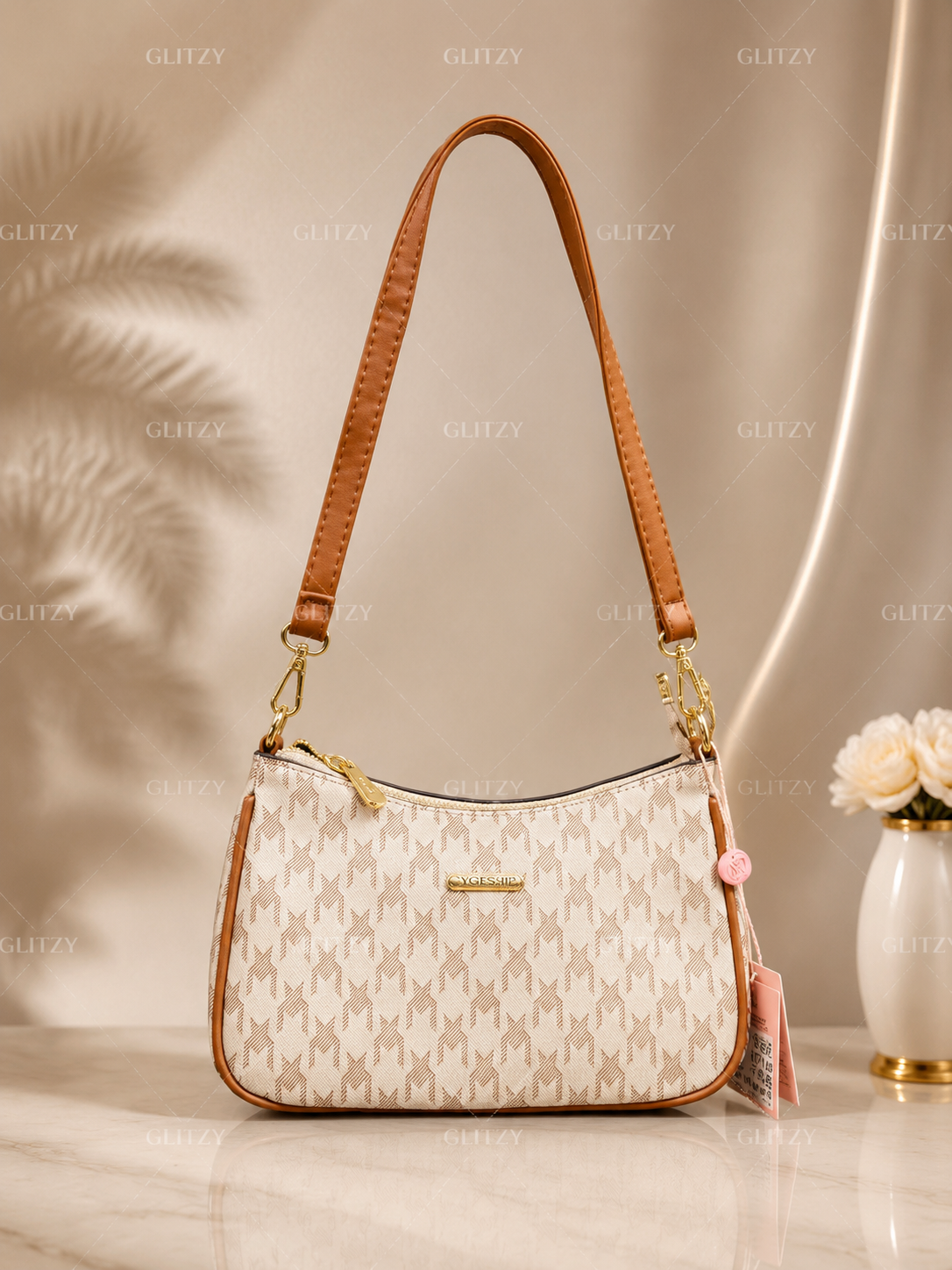 Fashionable YGLS shoulder sling bag and long strap. | GLITZY white brown