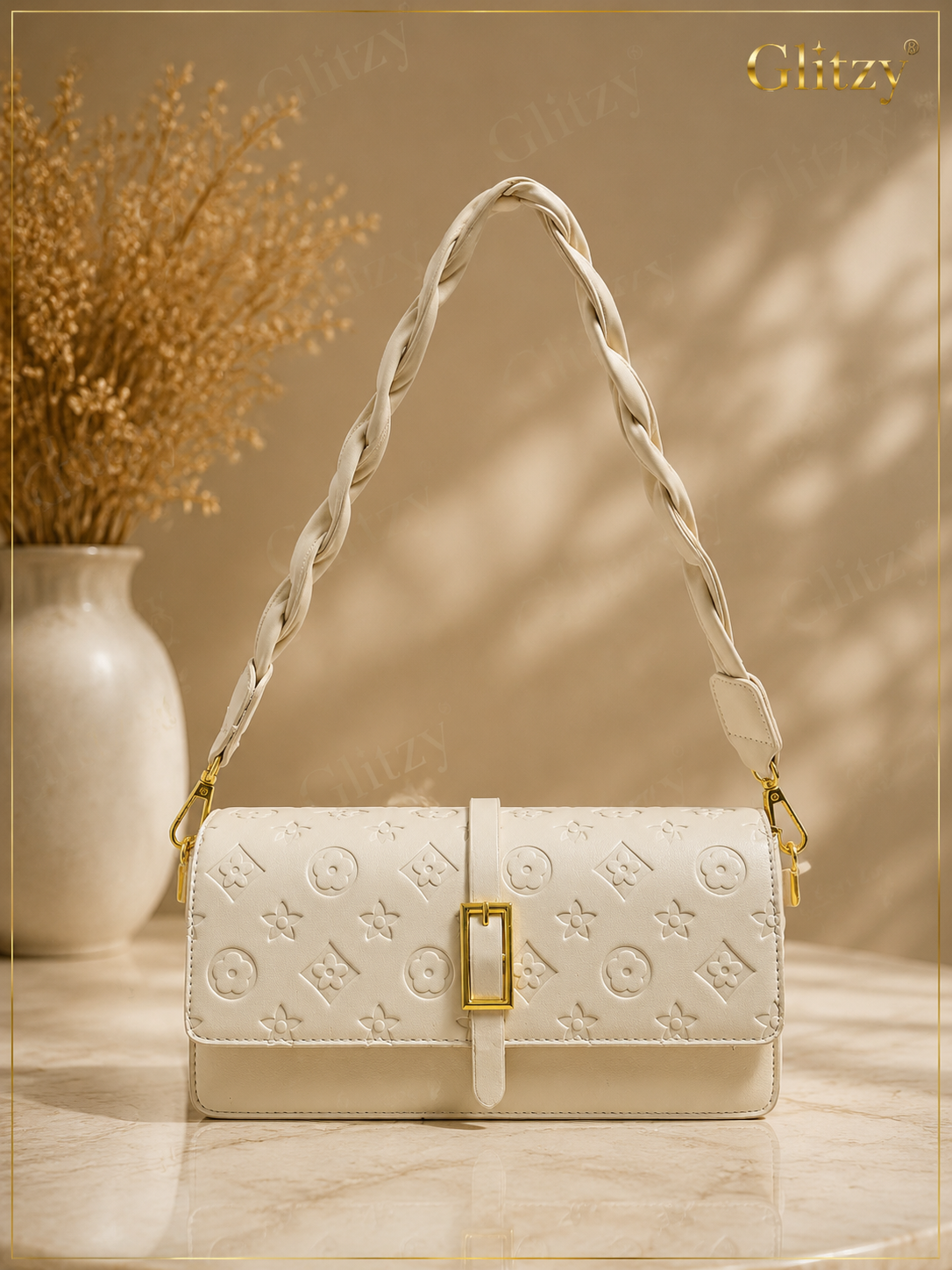 fashionable shoulder bag with twisted short belt and long strap. | white engraved MONO