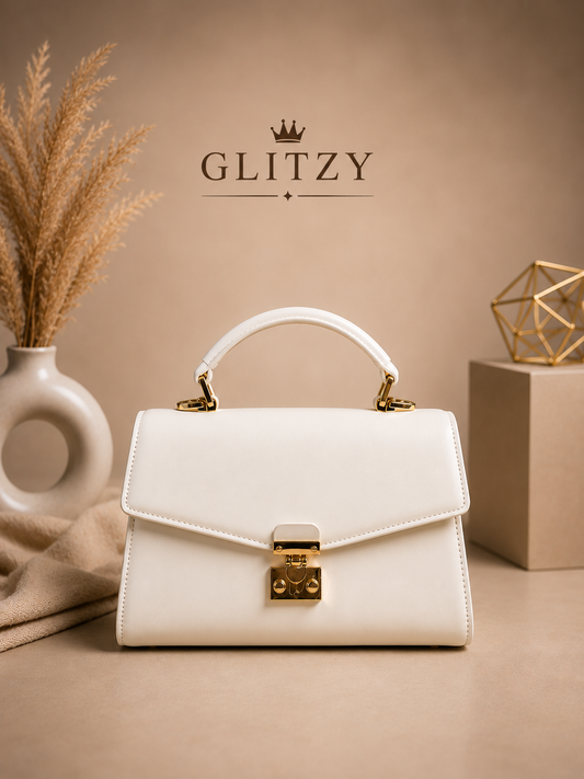 Glitzy Women's Structured Top-Handle Satchel Bag with Gold Lock | Glitzy