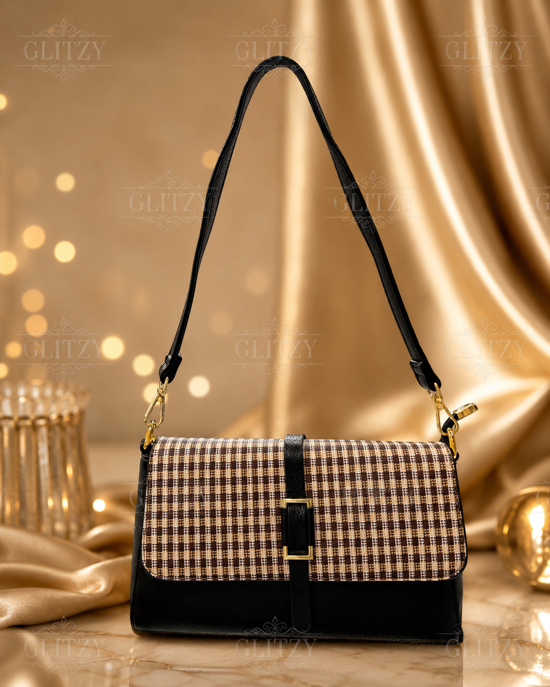 Women's Classic Plaid Flap Shoulder Bag with Gold Buckle | Glitzy check