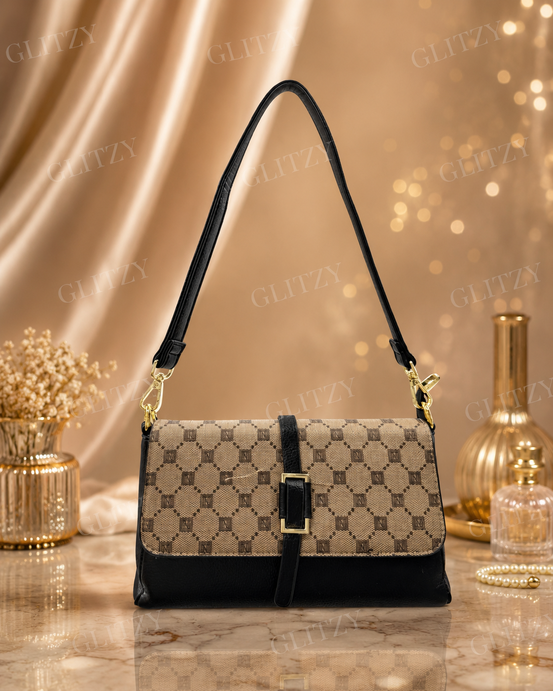 Women's Classic Plaid Flap Shoulder Bag with Gold Buckle | Glitzy beige