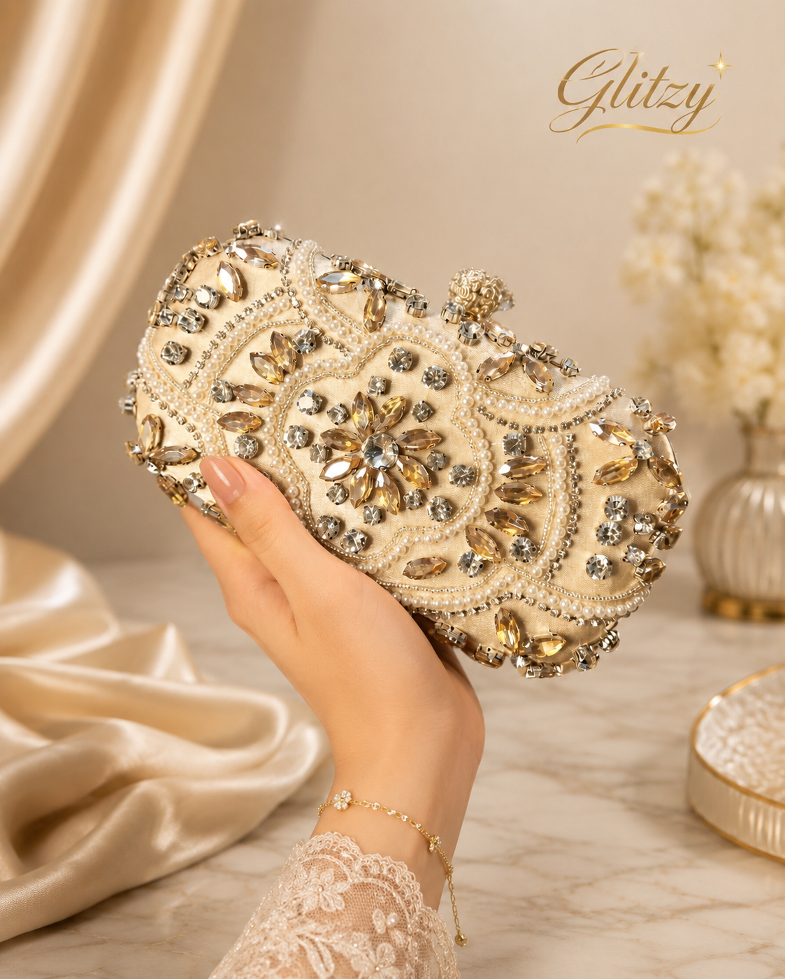 Pearl & Crystal Evening Clutch Bag for Women | Glitzy