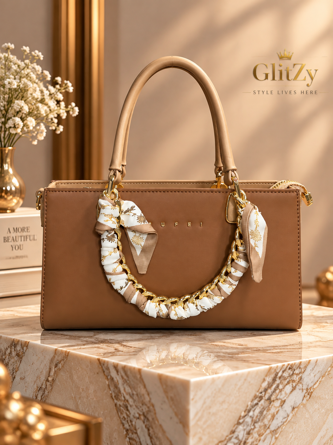 SUFEI Premium Leather Handbag for Women – Scarf Chain Handle Tote Bag in BD