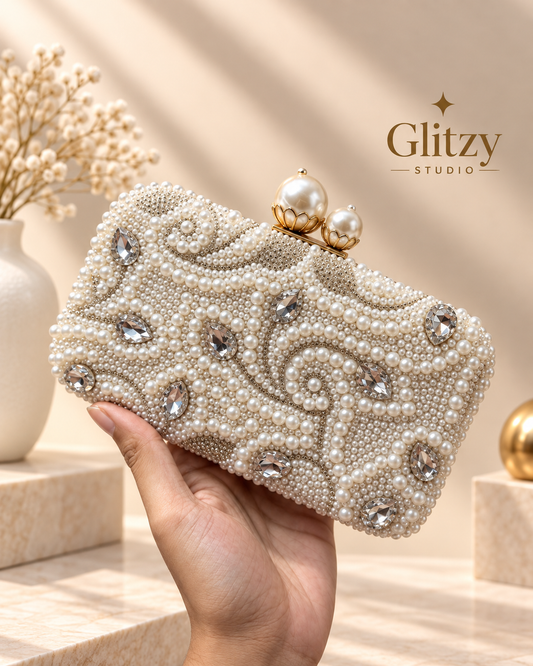 Pearl Beaded Evening Clutch – Luxury Crystal Rhinestone Wedding Purse