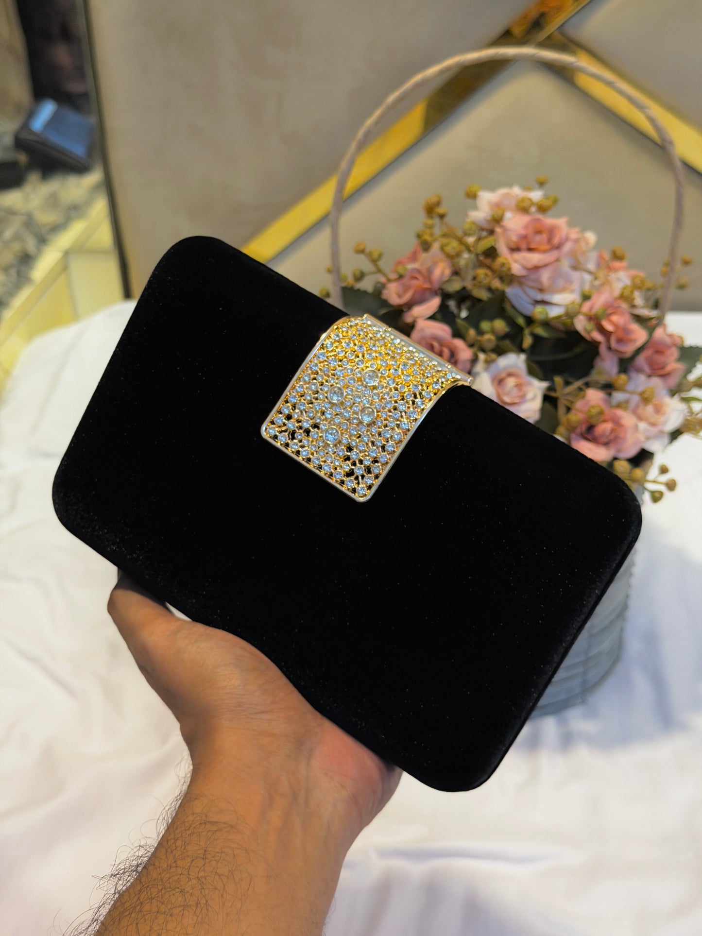Classy velvet finished stone lock hand purse