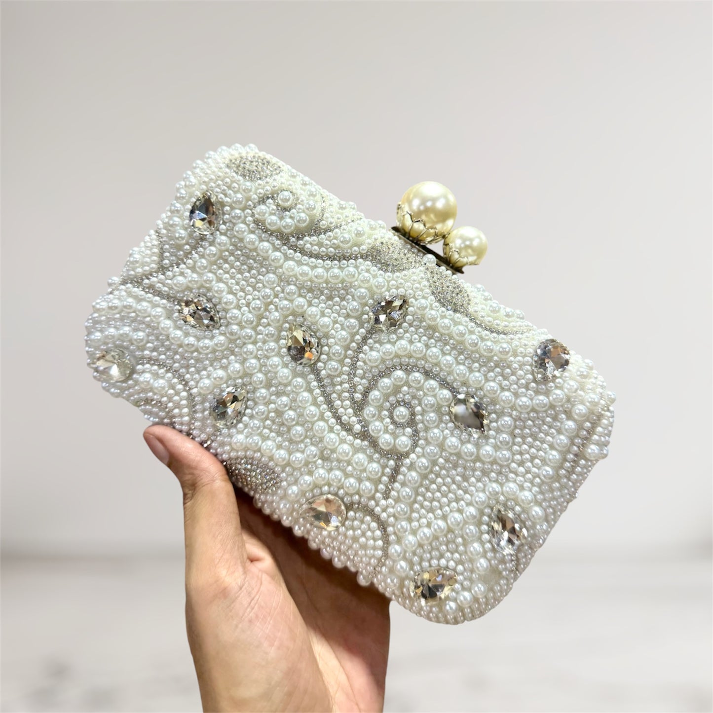 Beautiful big stone worked pearl design party clutch