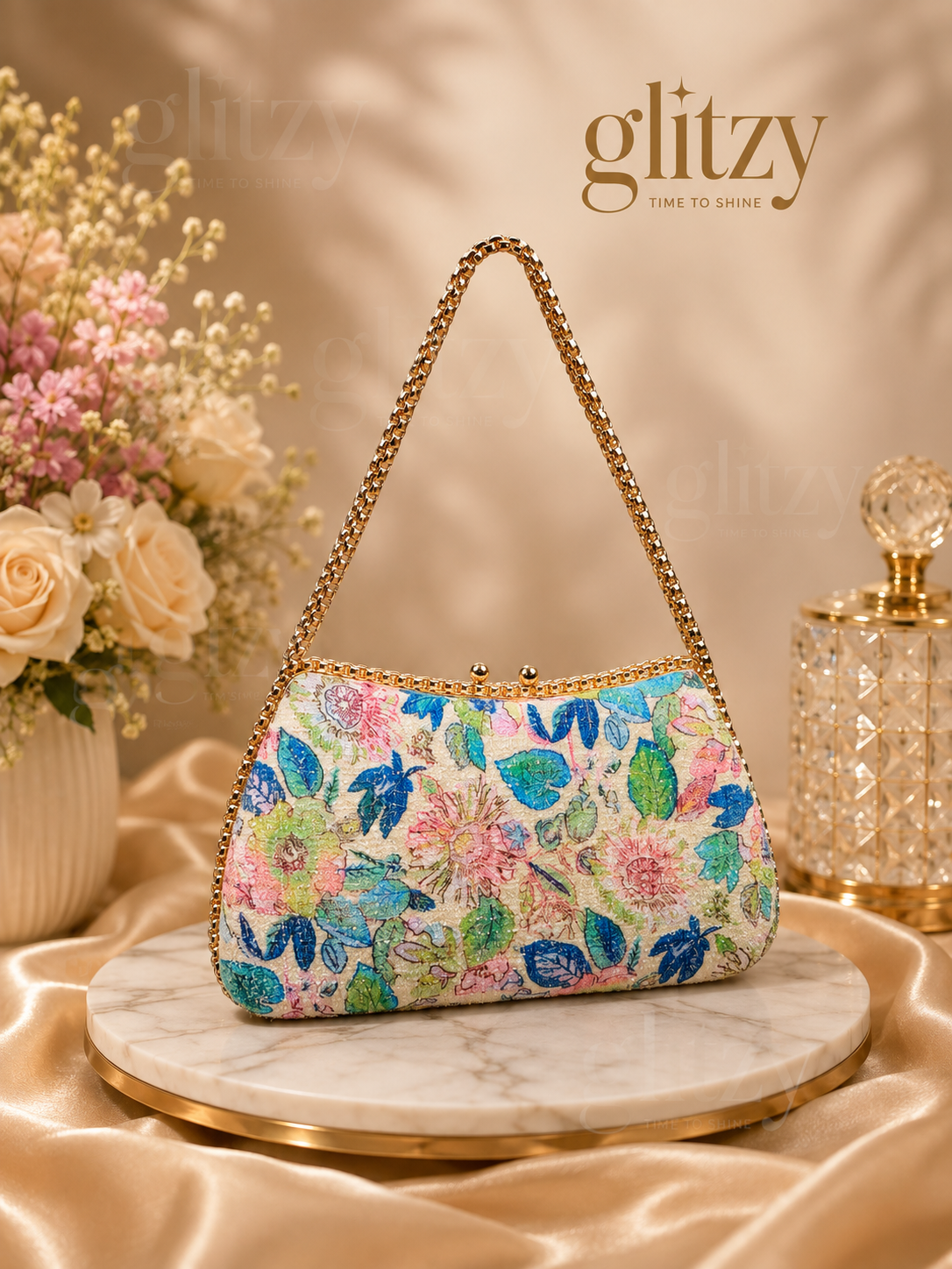 Glitzy Floral Embellished Evening Clutch.
