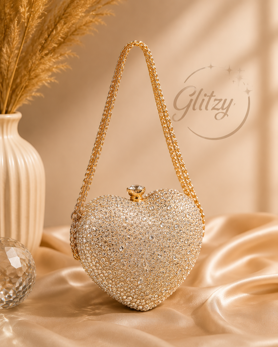 Mini heart clutch both side matching shiny stone worked | Glitzy
