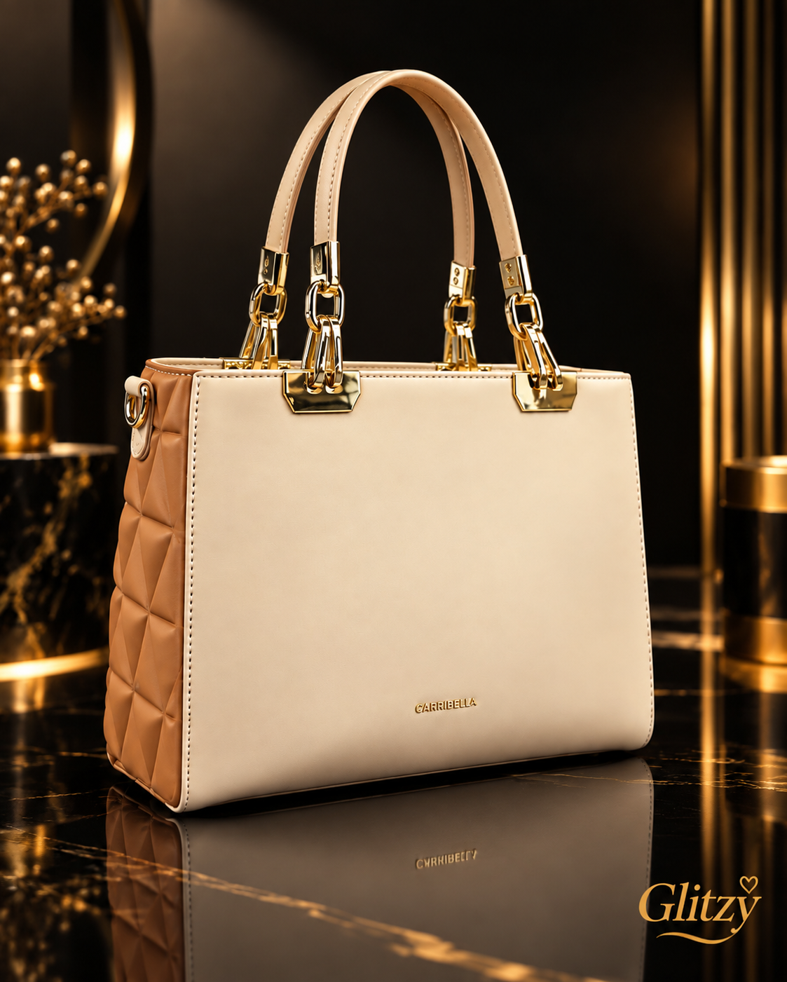 CHRISBELLA Structured Shoulder Tote – Quilted Sides & Gold Hardware Accent