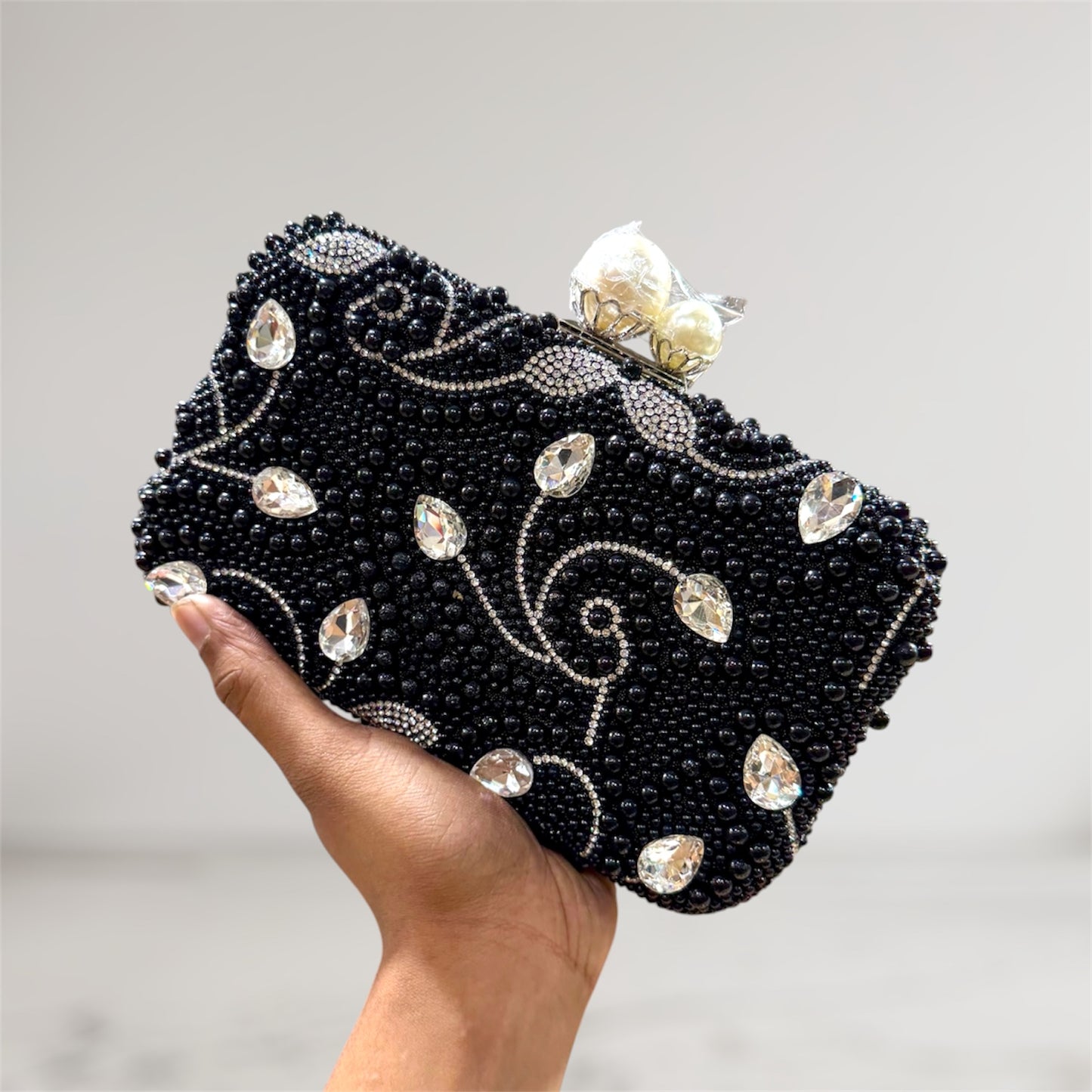 Beautiful big stone worked pearl design party clutch