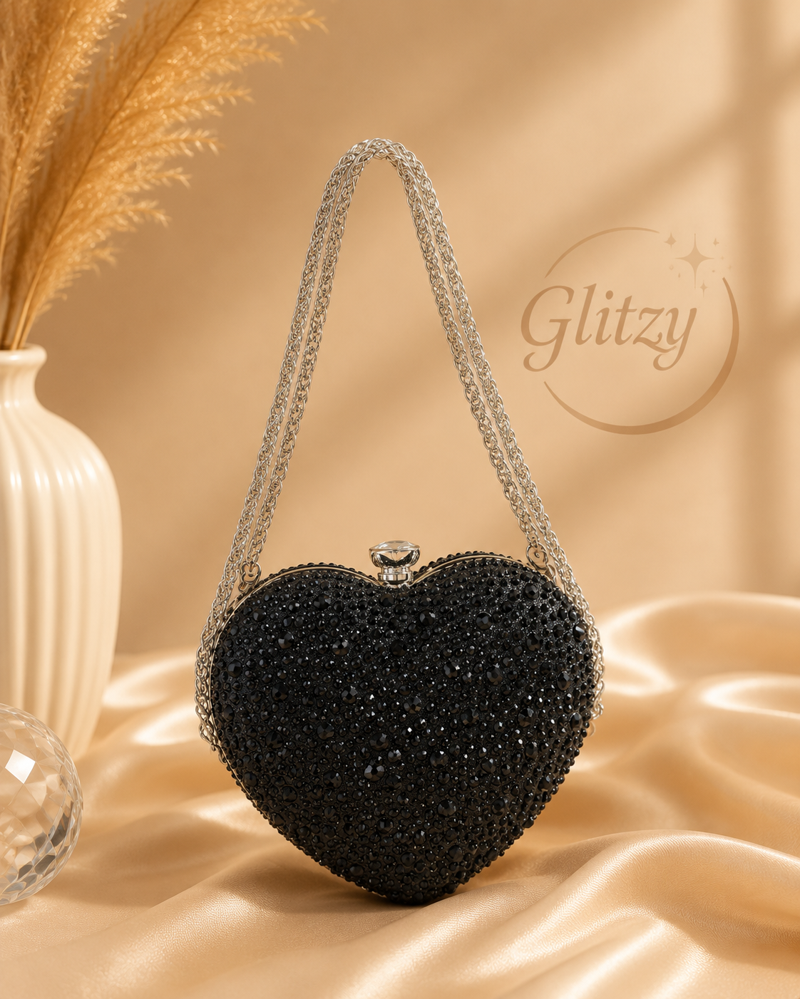 Mini heart clutch both side matching shiny stone worked | Glitzy