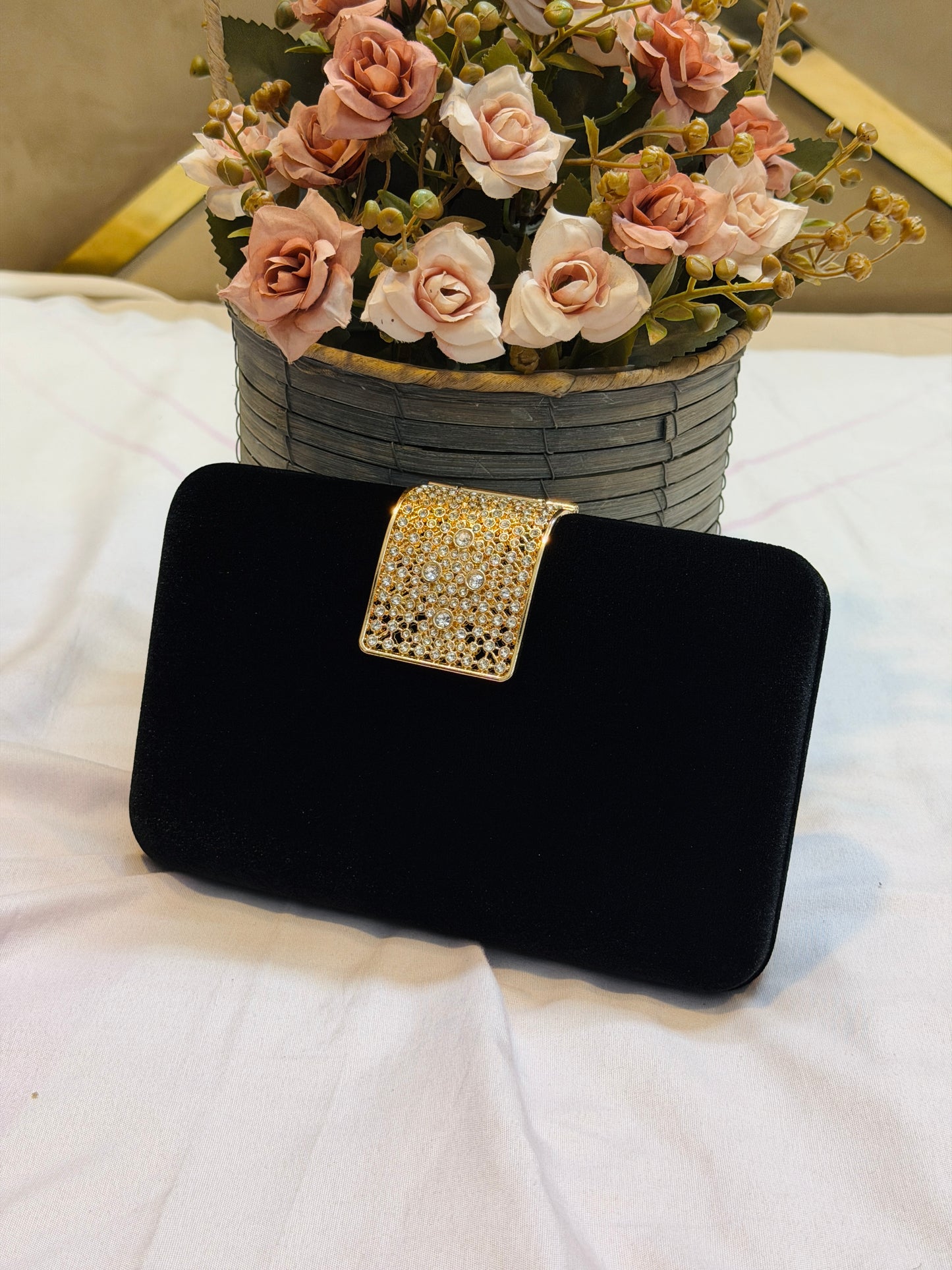 Classy velvet finished stone lock hand purse
