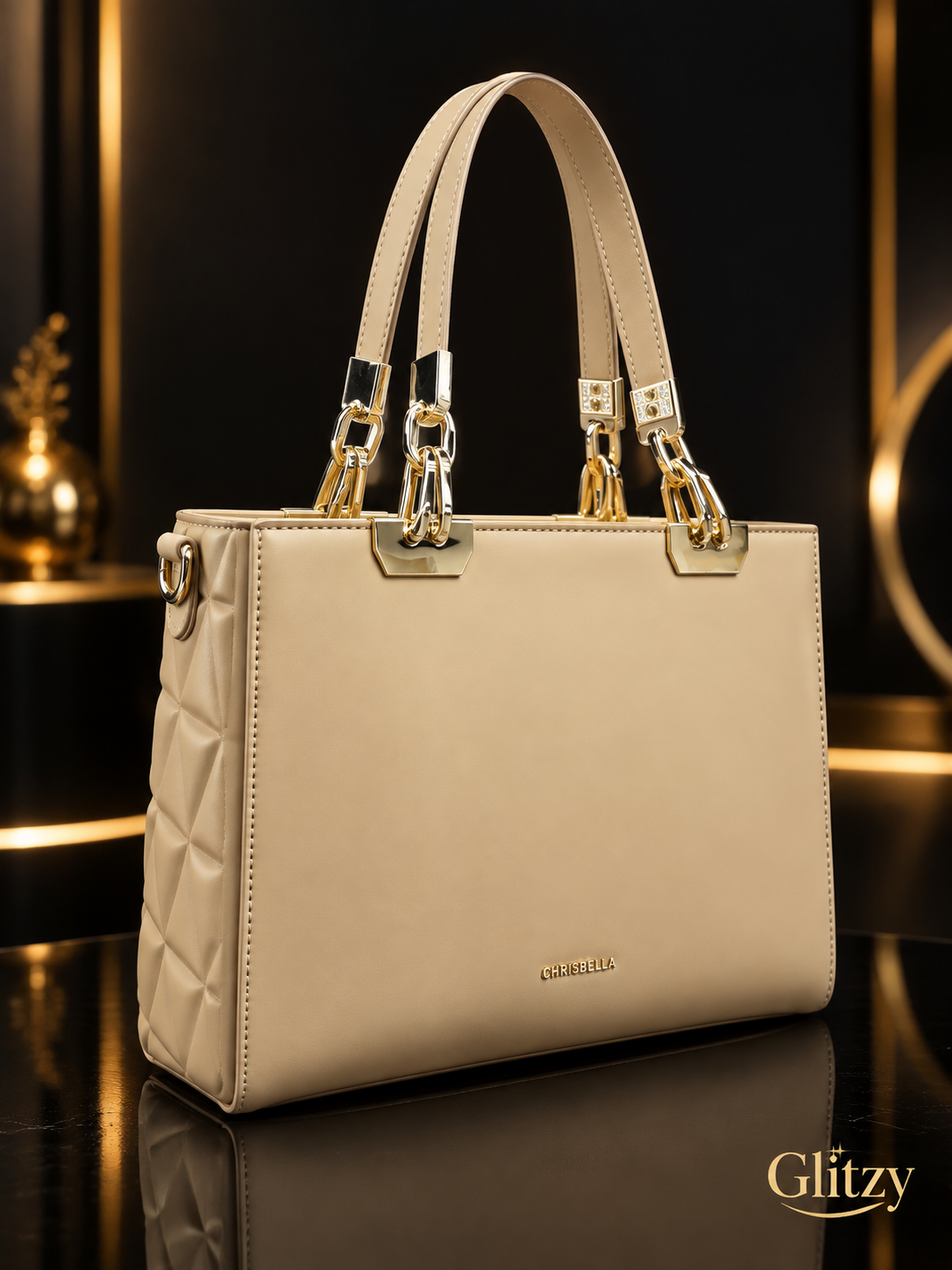 CHRISBELLA Structured Shoulder Tote – Quilted Sides & Gold Hardware Accent