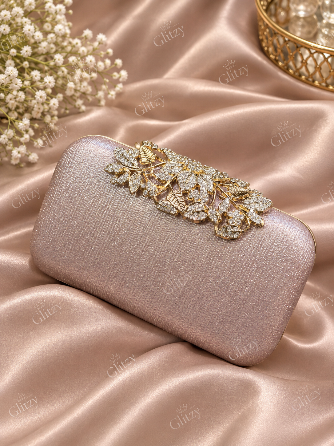 Floral lock glossy finished party evening clutch | Glitzy