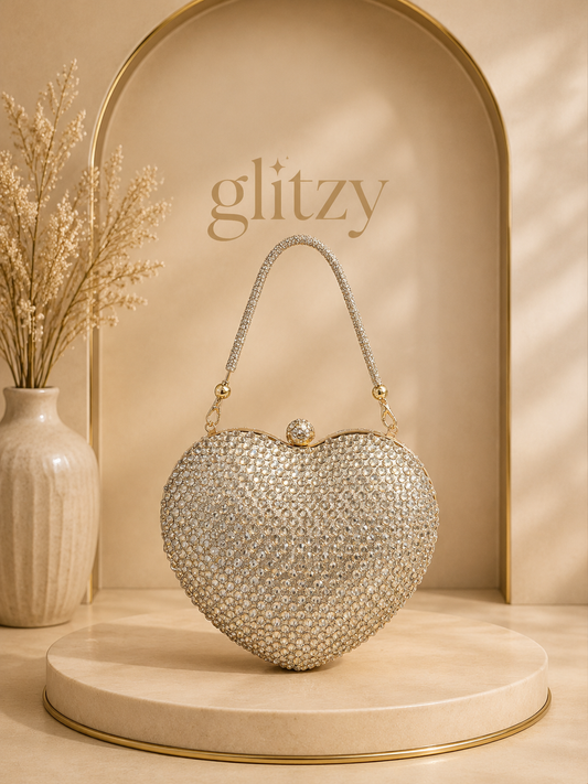 Medium size heart evening clutch both side matching shiny stone worked | Glitzy