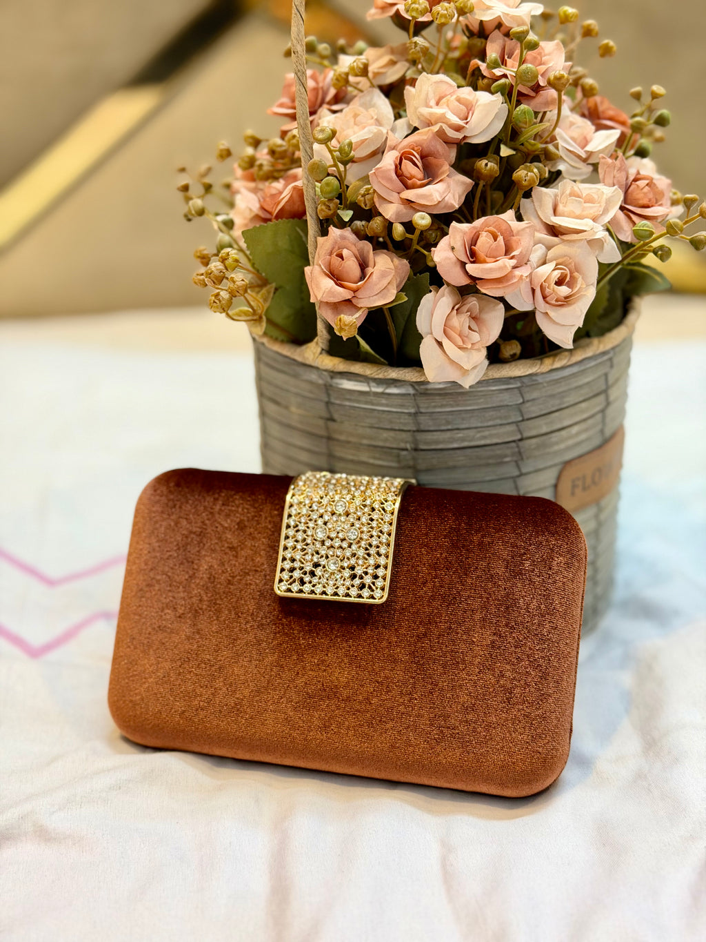 A chic evening party clutch with a velvet finish.