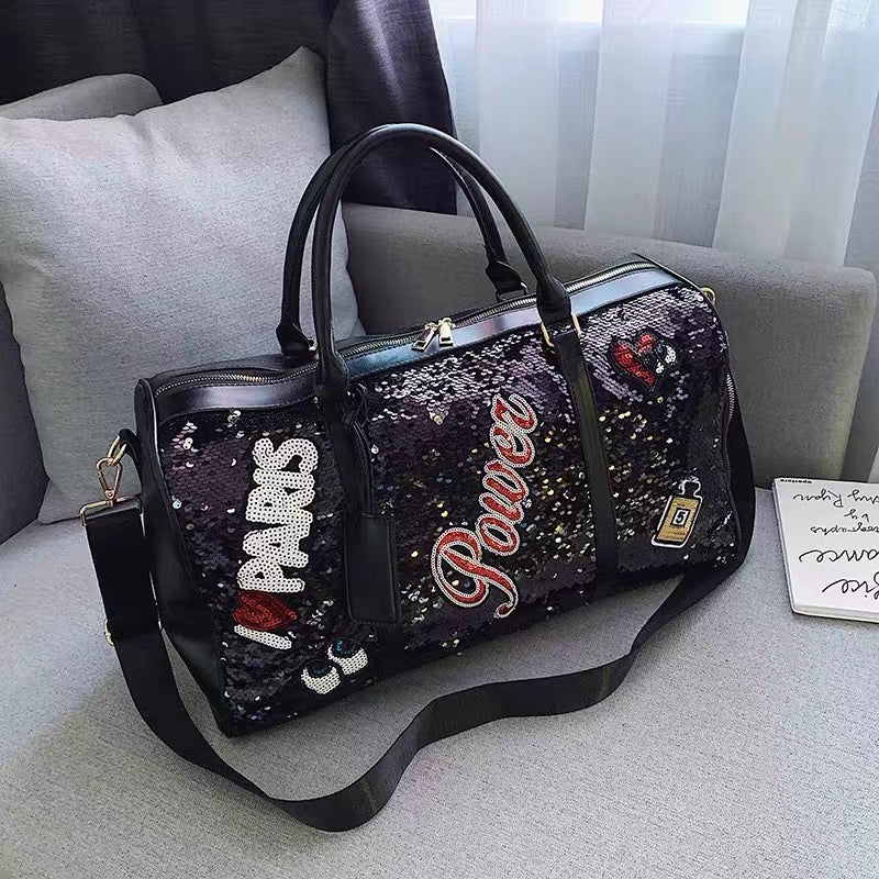Women's Sequin Travel Duffel Bag – Sparkly Sequined Weekender Overnight Bag with Shoulder Strap for Gym, Travel & Carry-On