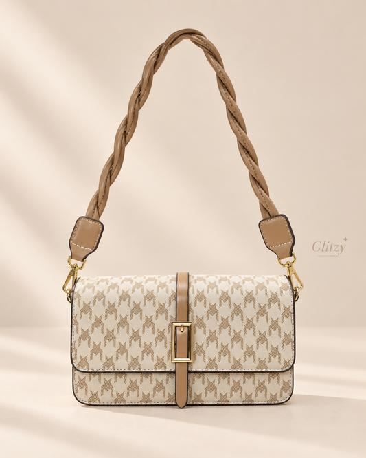 fashionable shoulder bag with twisted short belt and long strap. | beige