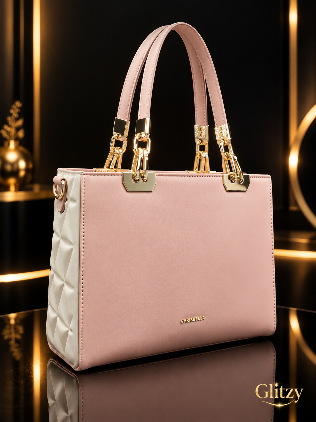 CHRISBELLA Structured Shoulder Tote – Quilted Sides & Gold Hardware Accent
