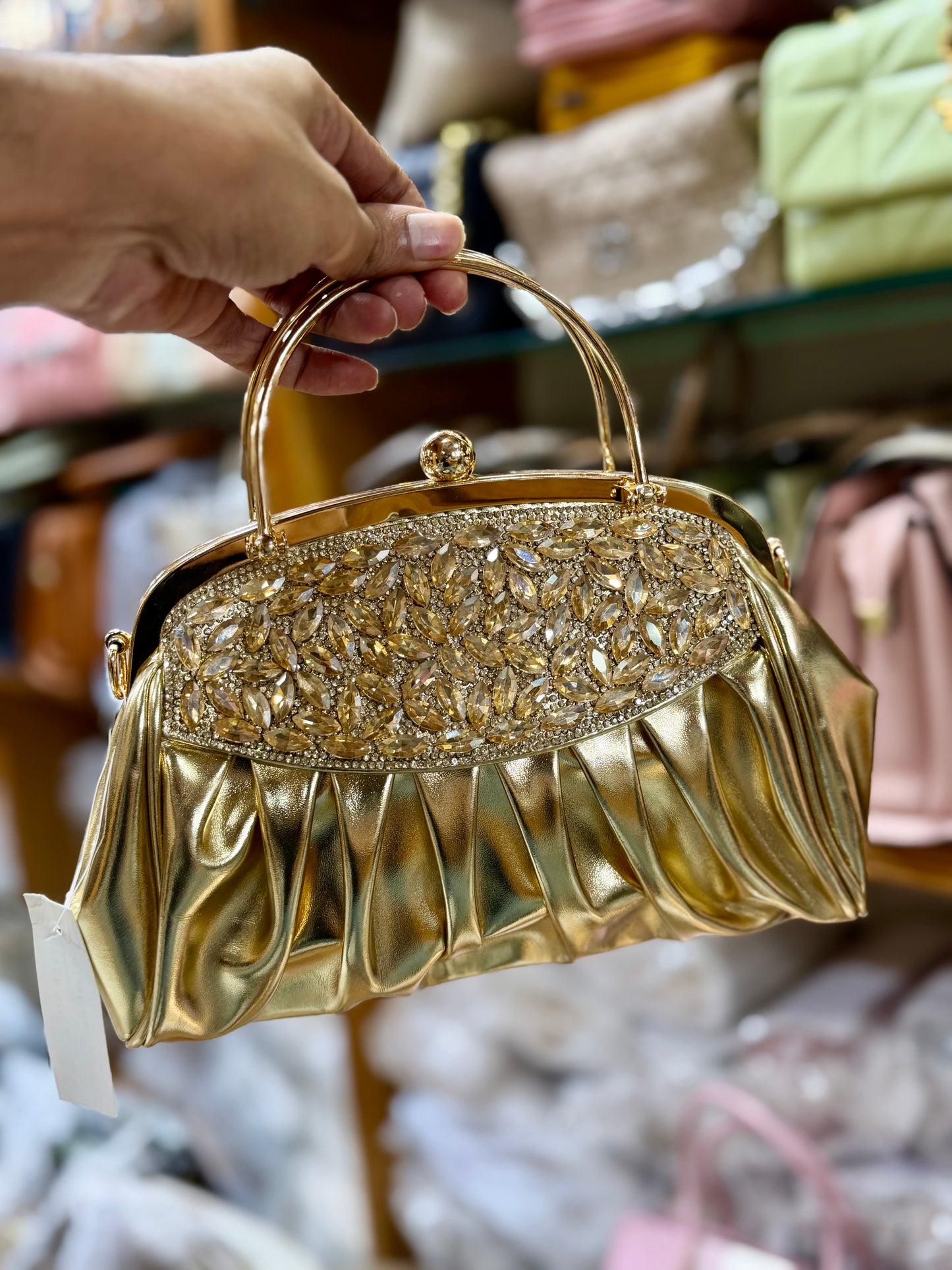 Stone worked shiny party hand purse