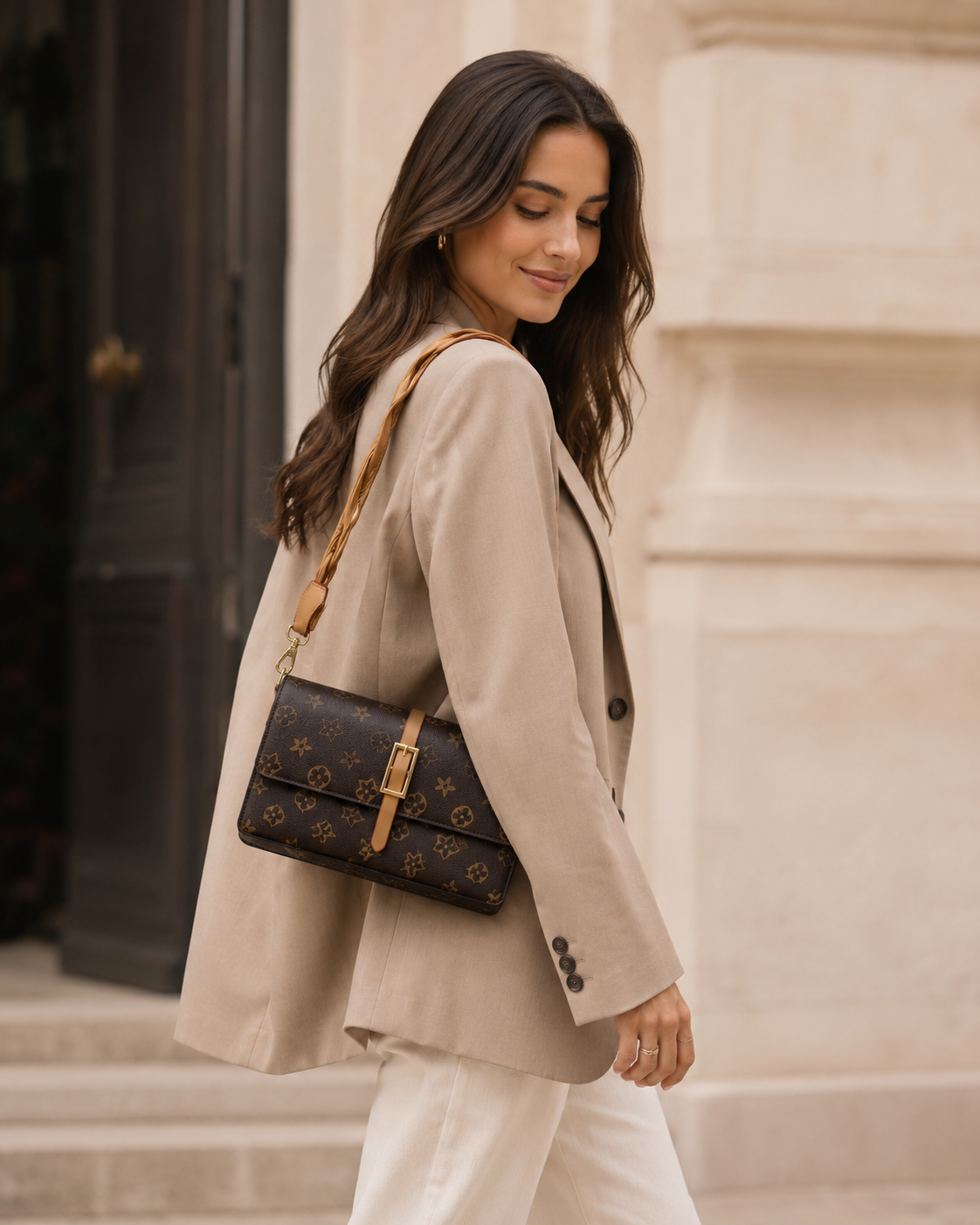 Stylish monogram prints shoulder sling bag and long strap
