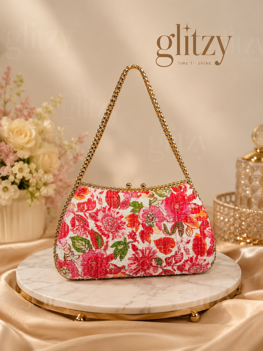 Glitzy Floral Embellished Evening Clutch.