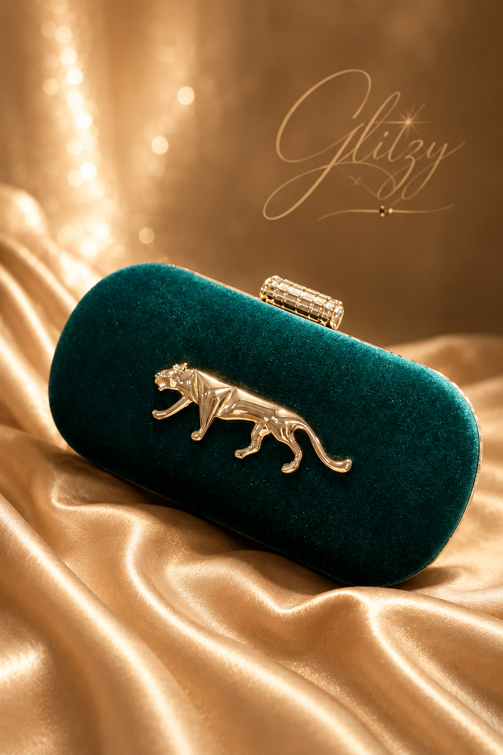 ⁠Luxury Velvet finished Panther Emblem Evening Clutch with Gold Clasp⁠