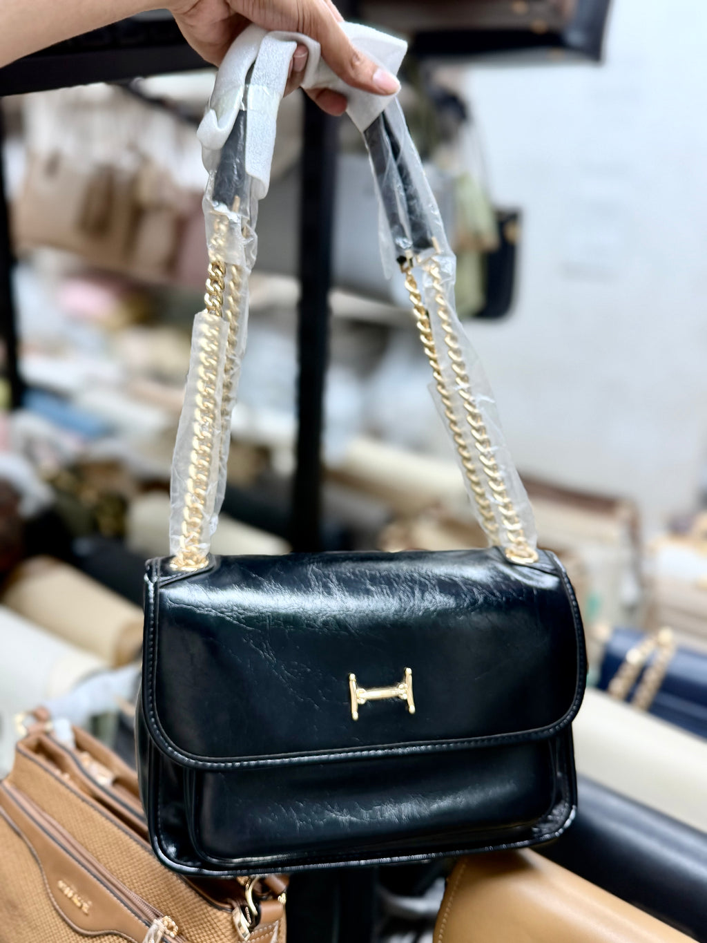 High end premium pu shiny leather finished soft sling bag