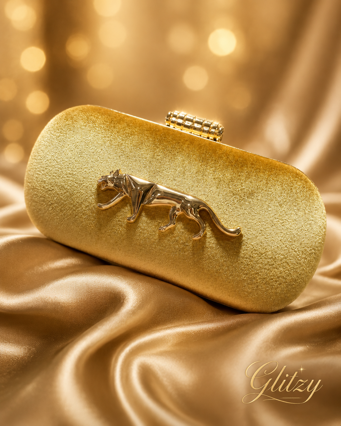 ⁠Luxury Velvet finished Panther Emblem Evening Clutch with Gold Clasp⁠