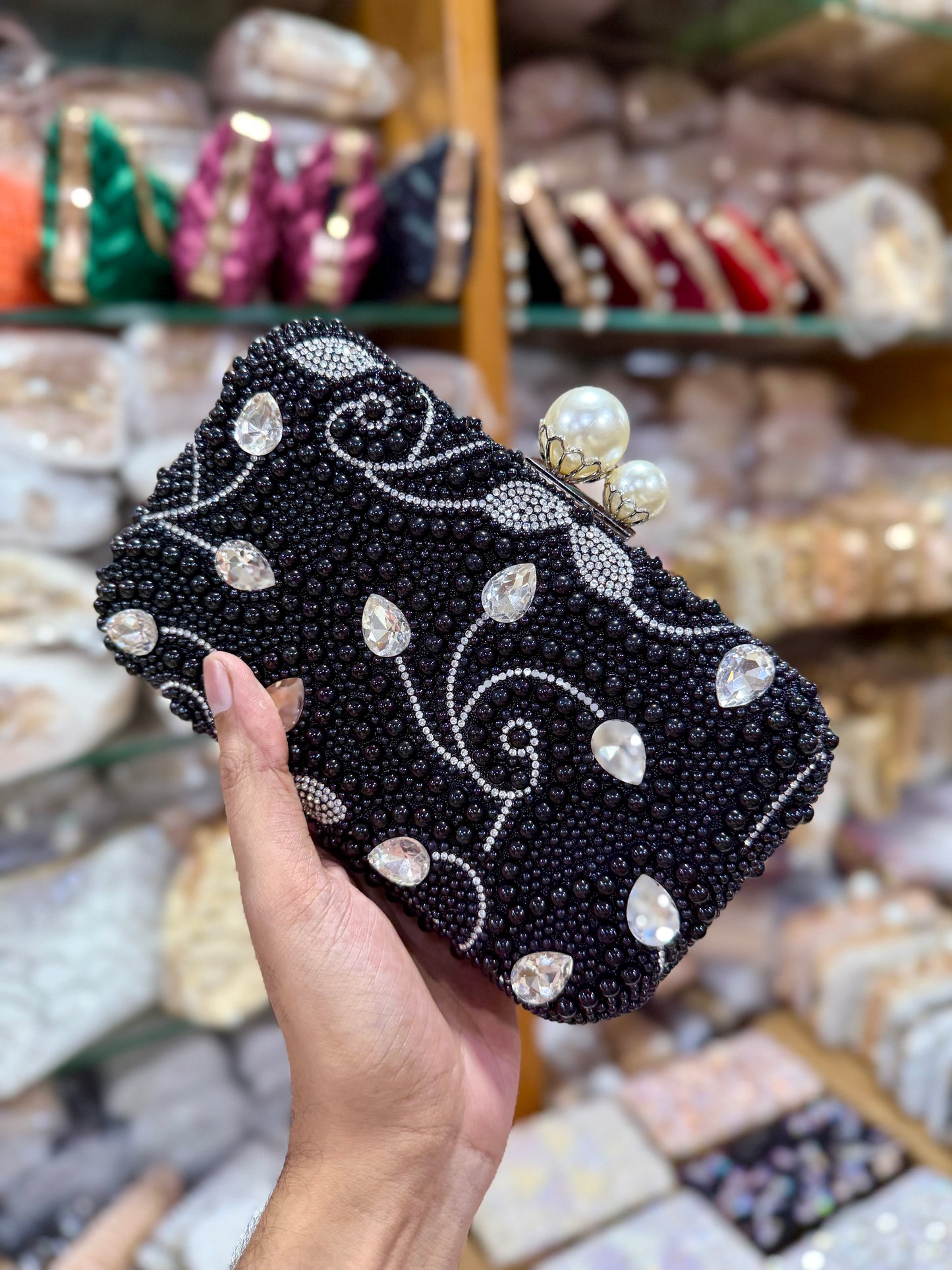 Beautiful big stone worked pearl design party clutch