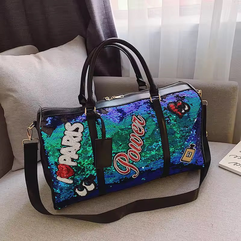 Women's Sequin Travel Duffel Bag – Sparkly Sequined Weekender Overnight Bag with Shoulder Strap for Gym, Travel & Carry-On