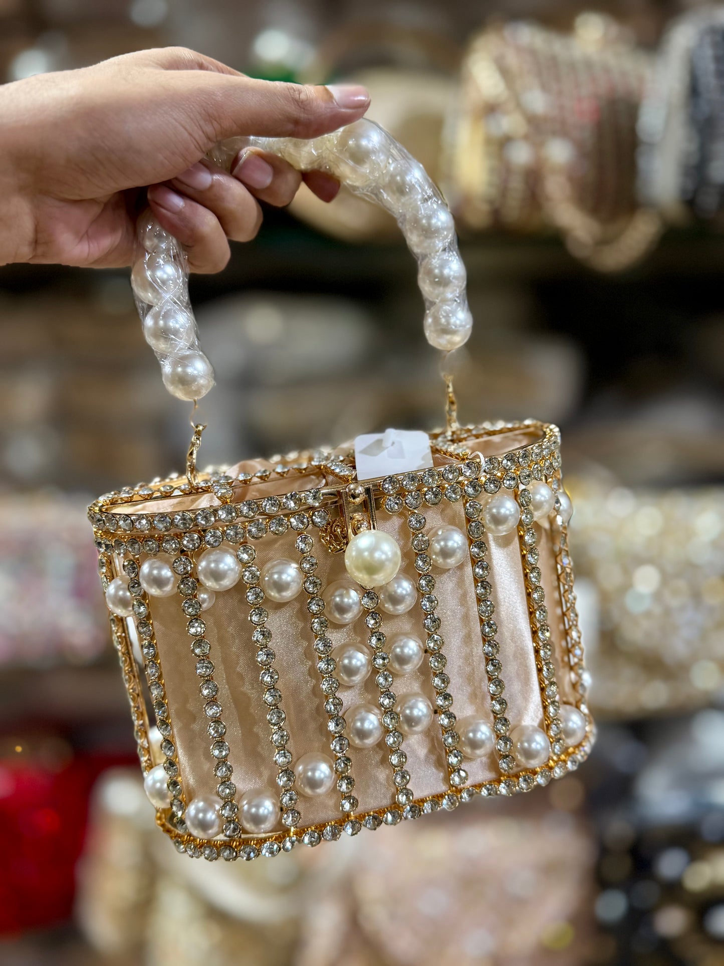 Diamonds Basket Evening Clutch Bags Women Luxury Hollow Out Pearl Beaded Metallic Cage Handbags Ladies Wedding Party Purse