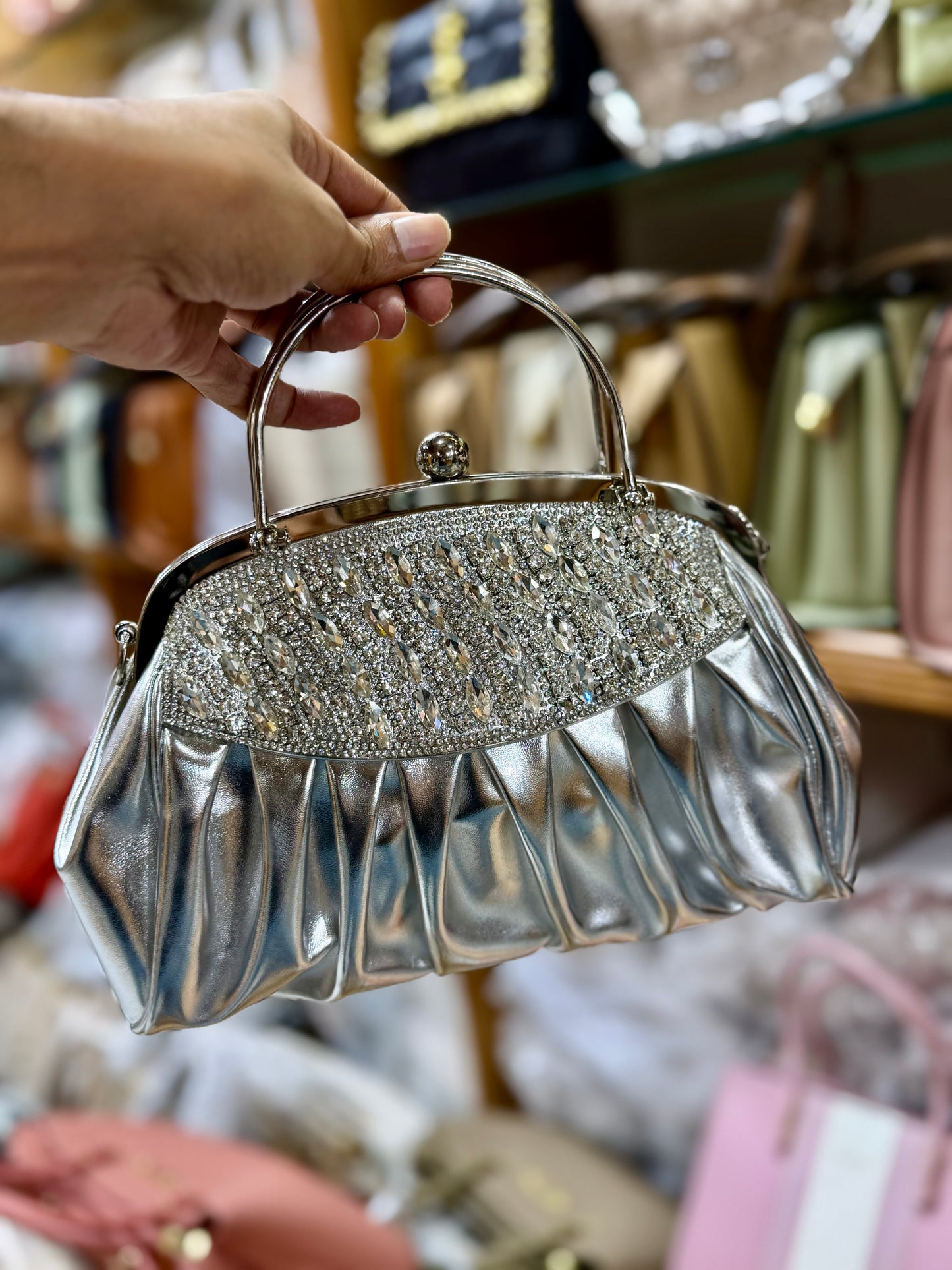 Stone worked shiny party hand purse