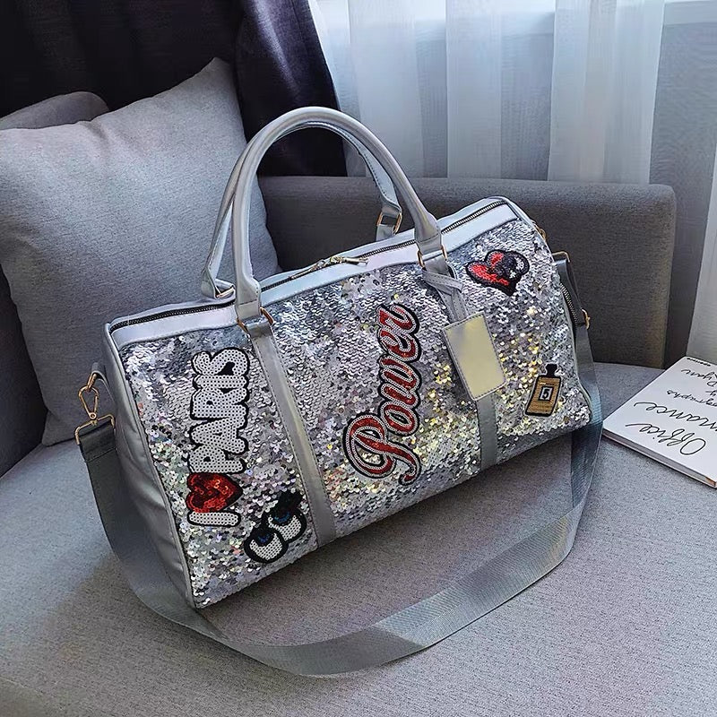 Women's Sequin Travel Duffel Bag – Sparkly Sequined Weekender Overnight Bag with Shoulder Strap for Gym, Travel & Carry-On