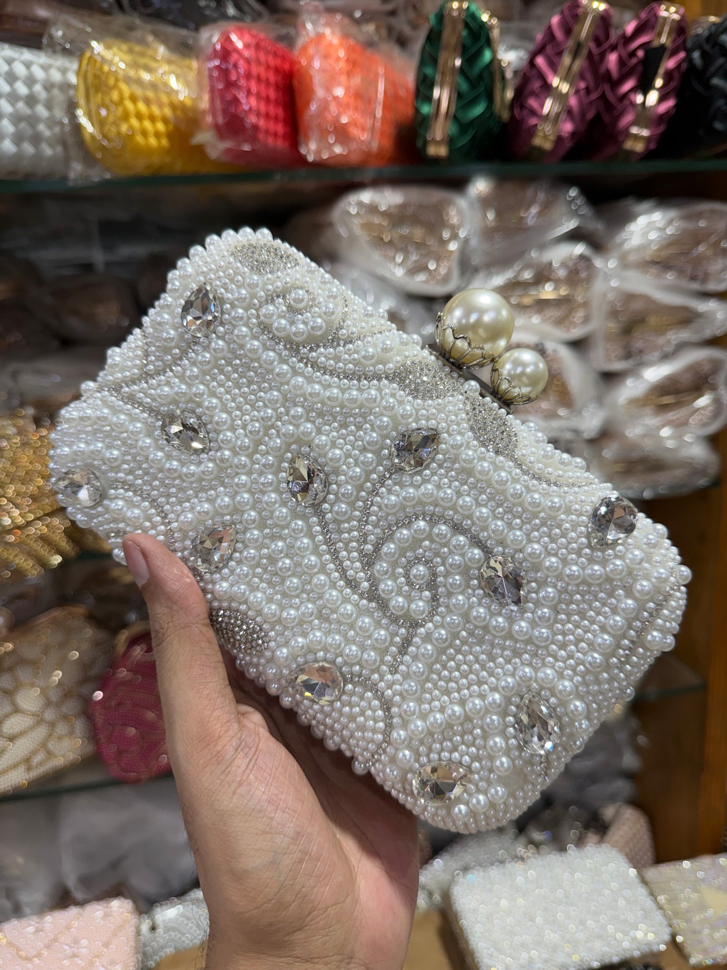 Beautiful big stone worked pearl design party clutch