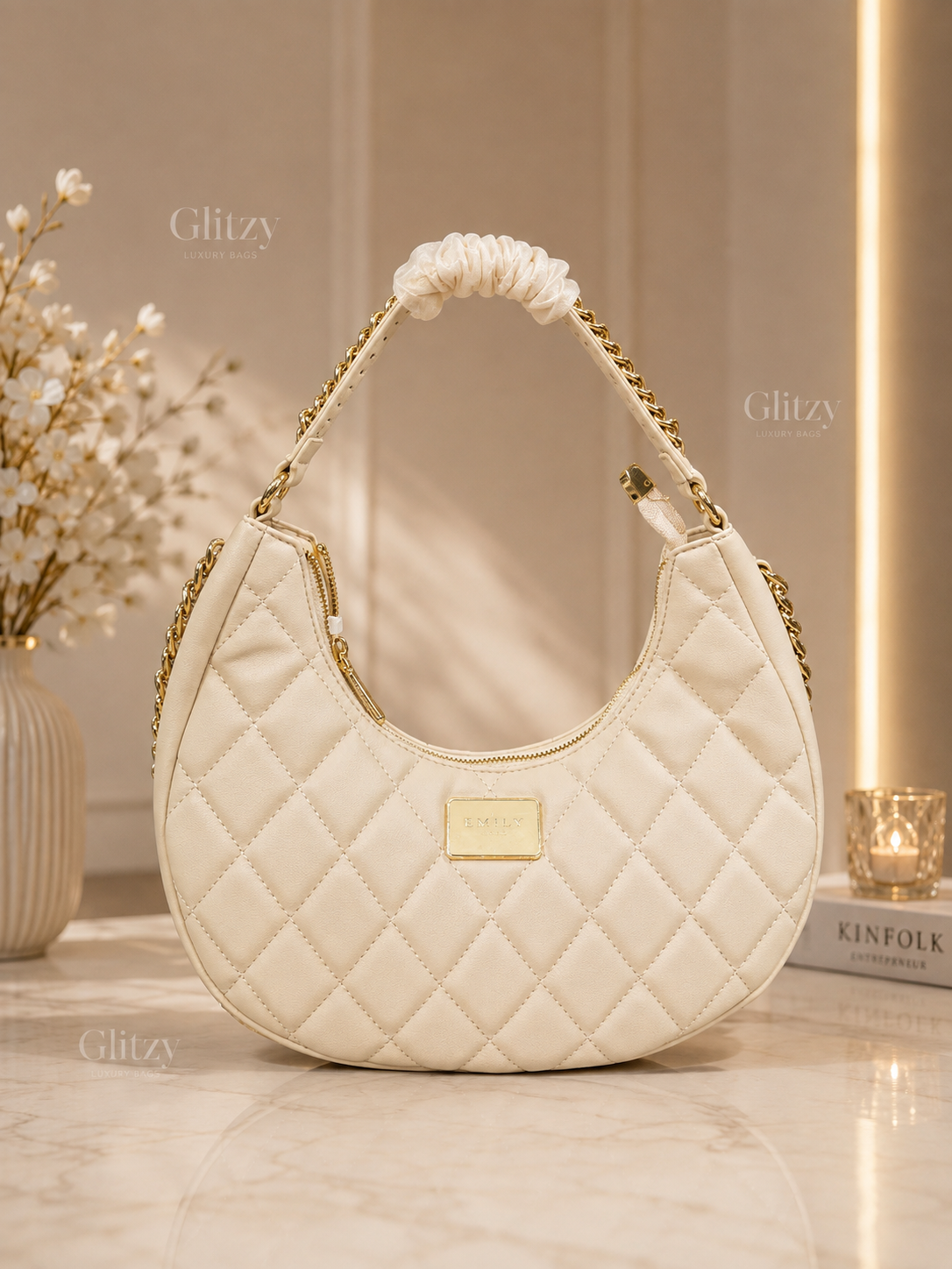 Emily Loran Quilted Crescent Hobo Shoulder Bag with Gold Chain Strap | glitzy