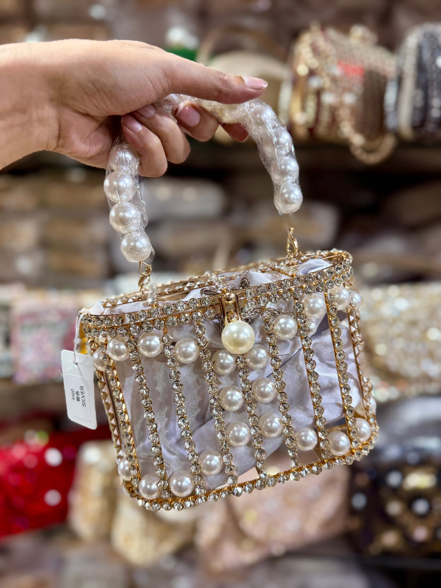 Diamonds Basket Evening Clutch Bags Women Luxury Hollow Out Pearl Beaded Metallic Cage Handbags Ladies Wedding Party Purse