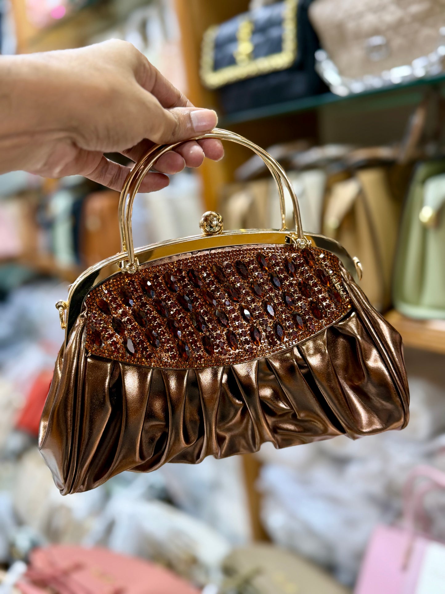 Stone worked shiny party hand purse