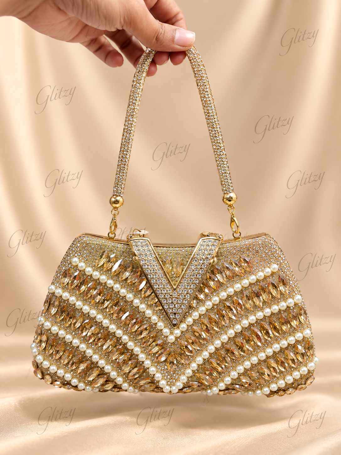 Gorgeous stone and pearl worked party evening bag| Glitzy