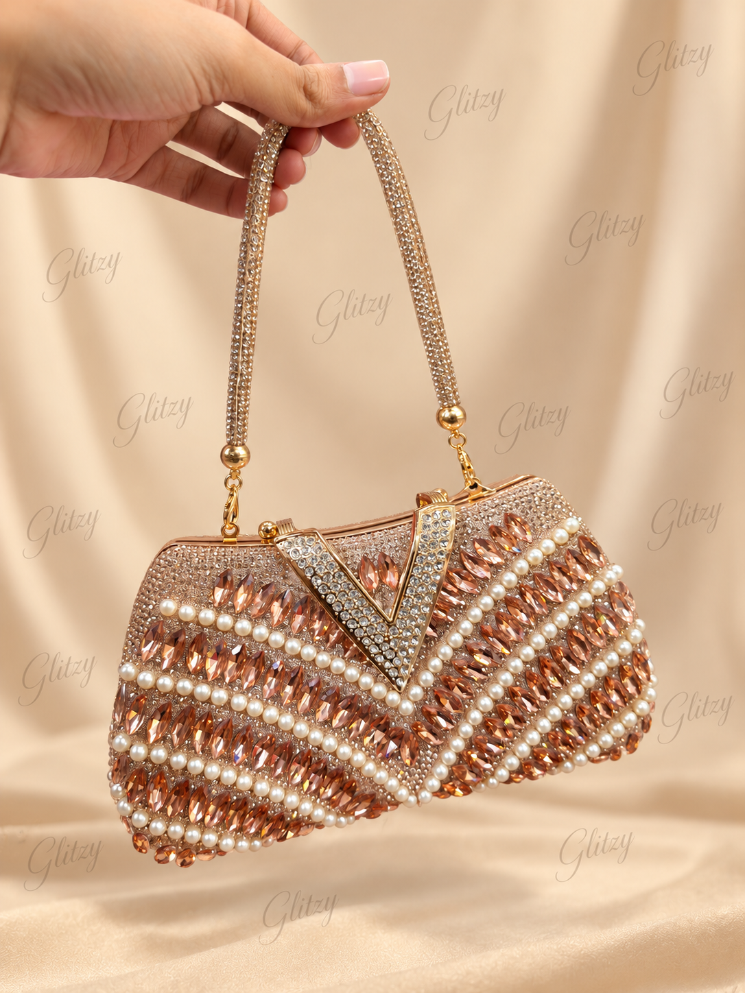 Gorgeous stone and pearl worked party evening bag| Glitzy