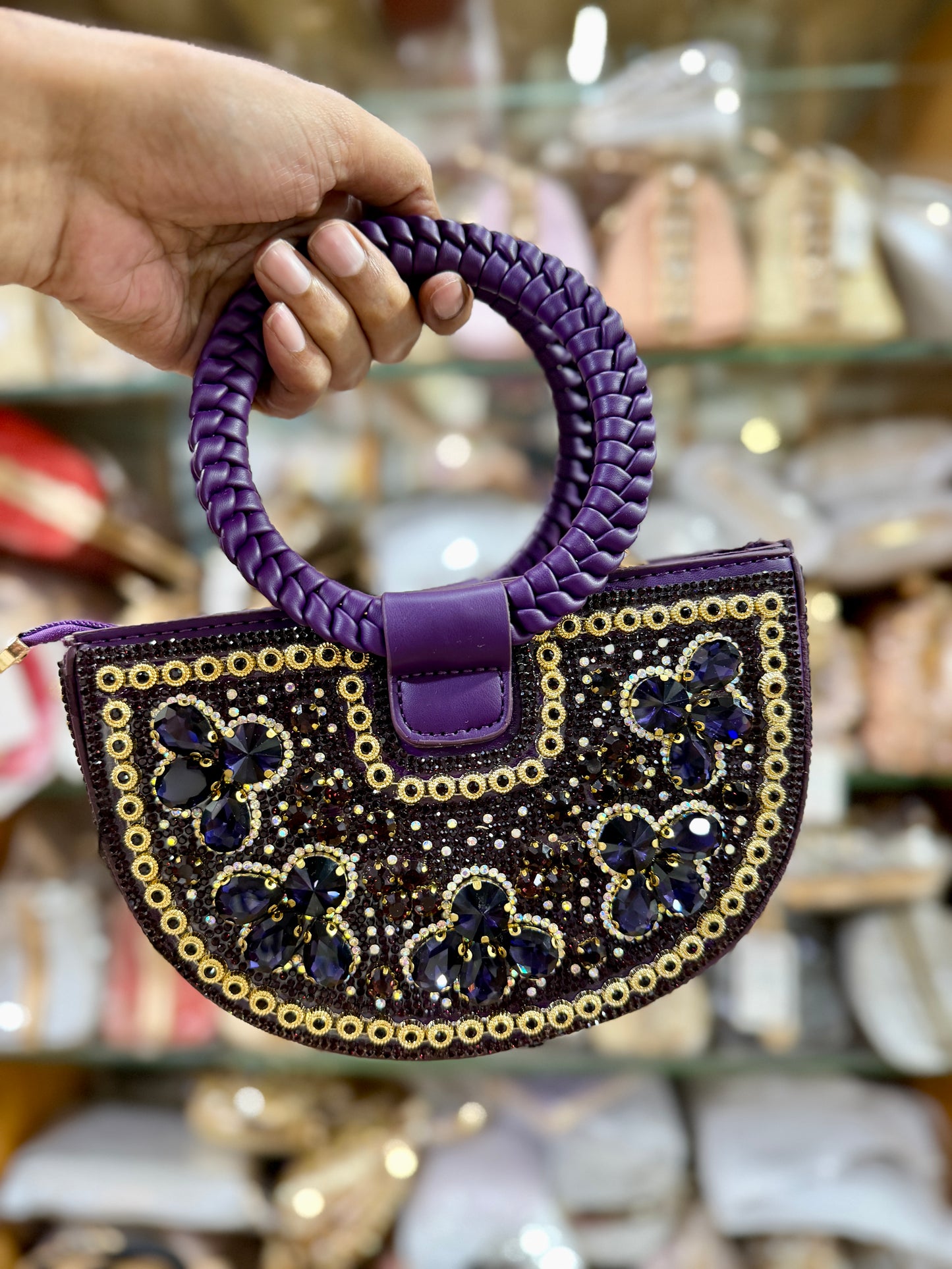 Gorgeous half moon shaped exclusive party hand bag